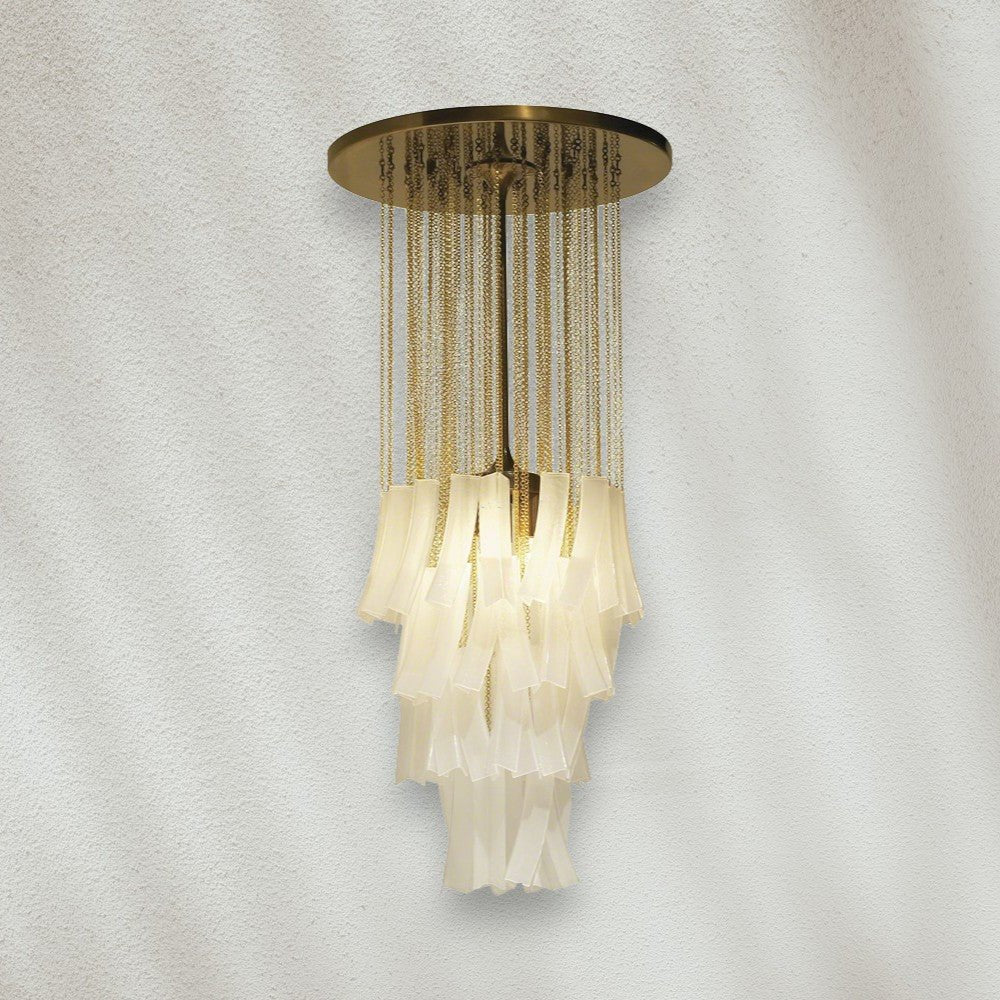Modern Chandelier with Gold Chains and White Glass Shades - GILDLAMPS
