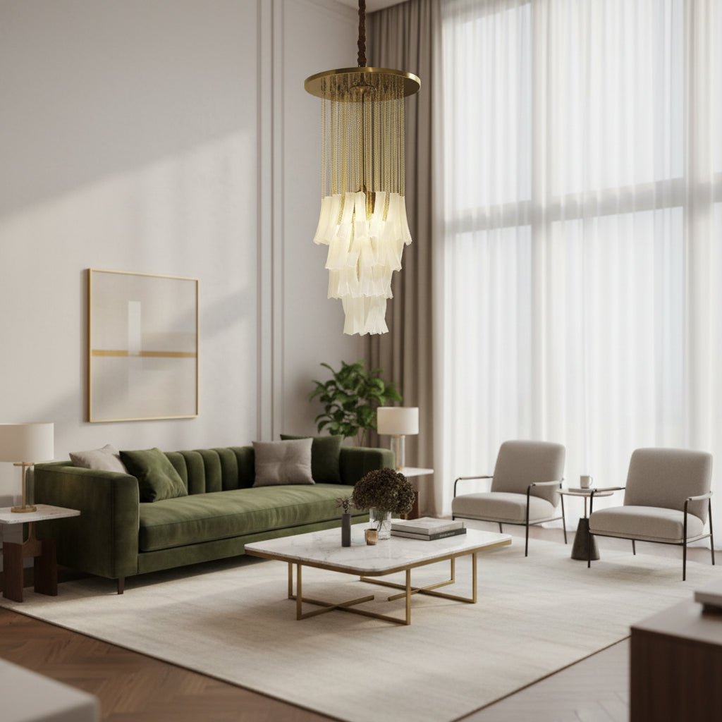 Modern Chandelier with Gold Chains and White Glass Shades - GILDLAMPS